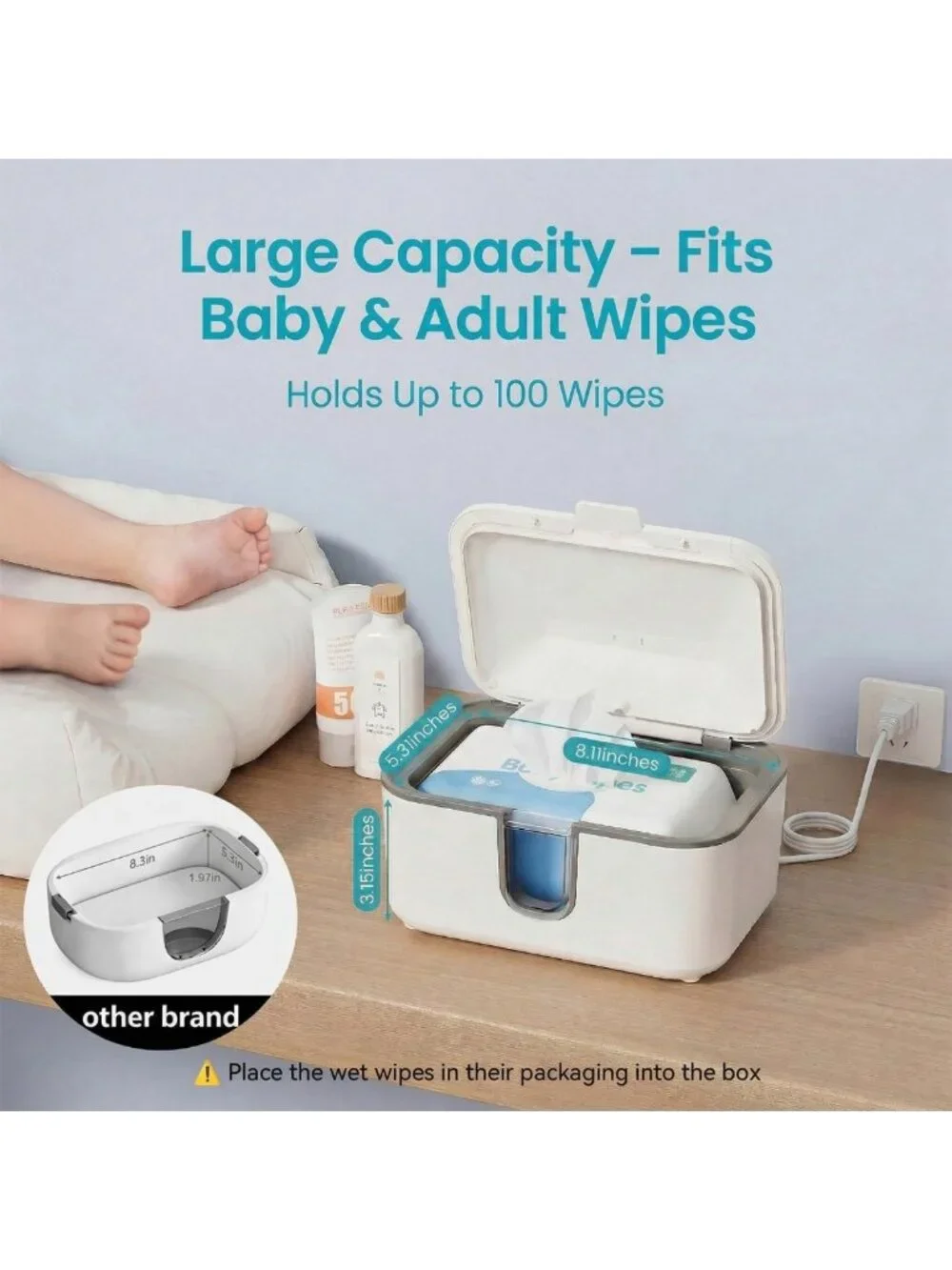 UV Sanitizing Wipe Warmer - Large Capacity, 3 Temp Settings, Night Light & Quiet
